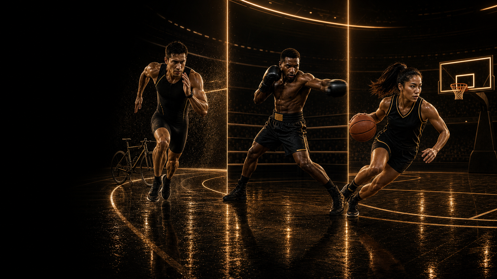 Adult endurance, strength, combat, and court athletes training across a connected nighttime arena