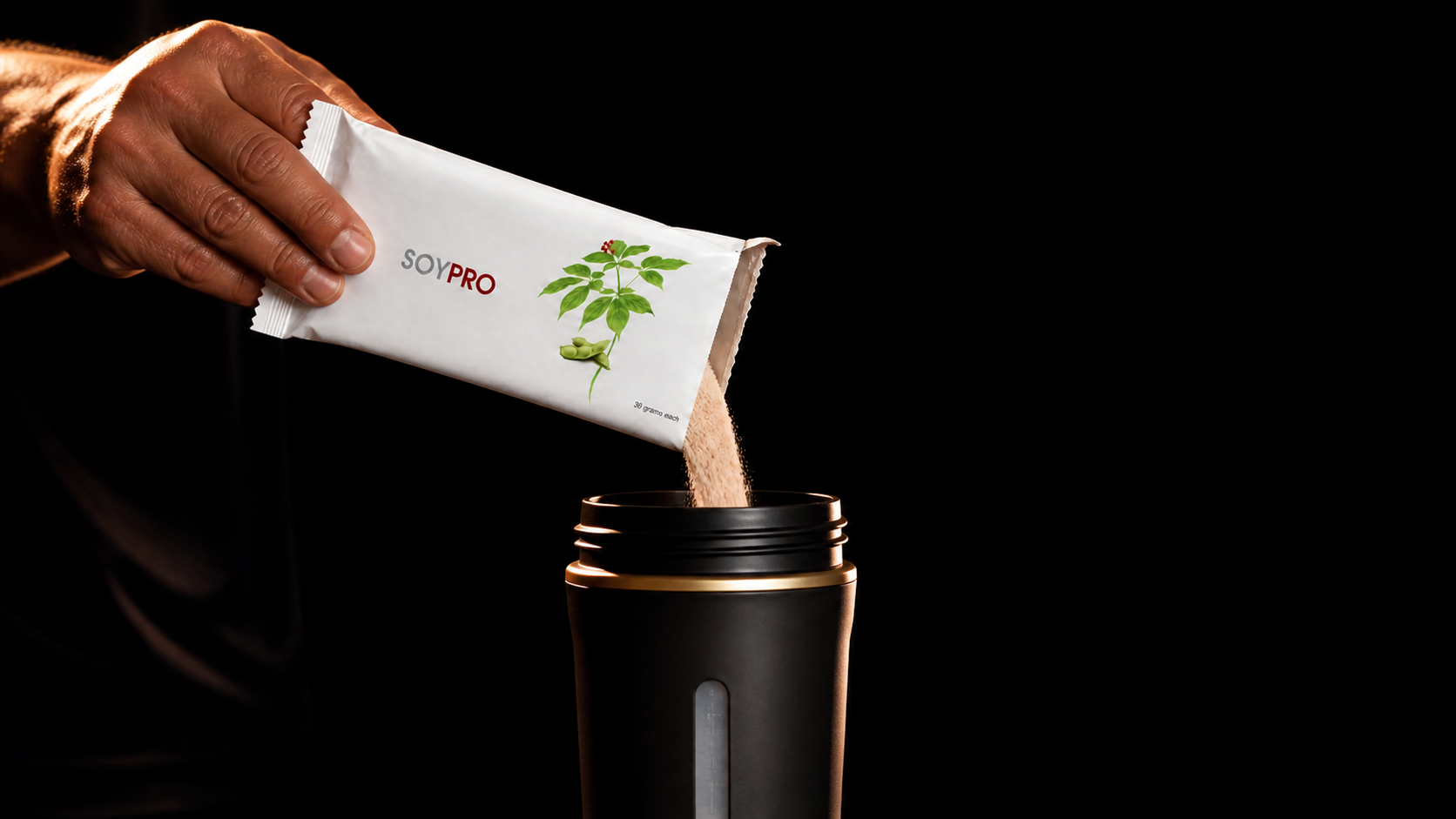 Opened SOYPRO sachet pouring powder into a black shaker