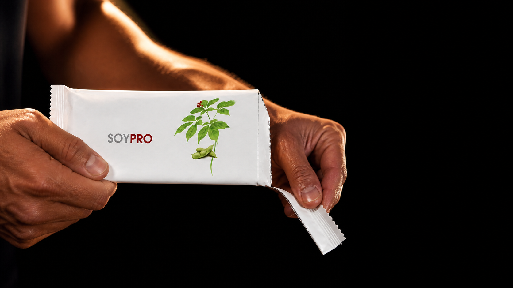 SOYPRO sachet being torn open at the top